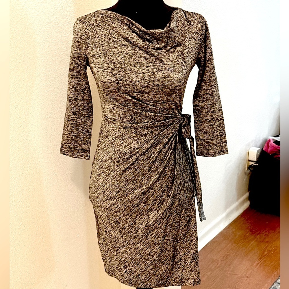 Ann Taylor’s Black & Grey Knit 3/4 Sleeve Waist Tie Cowl Neck Midi Dress